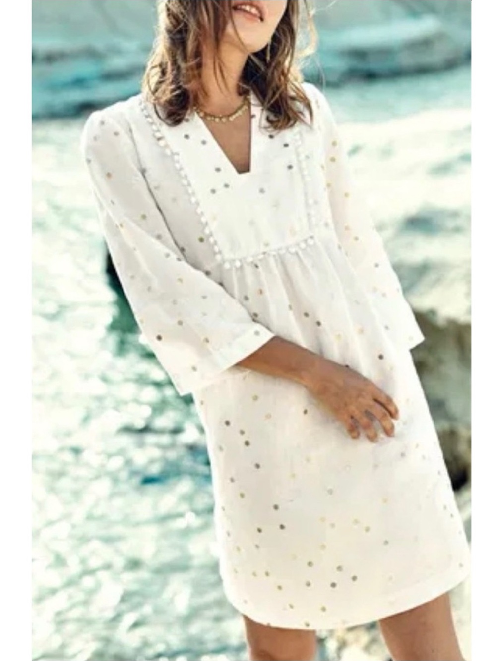 BODEN Dress Evangeline Tunic Cream Dress Gold Polka Dots 100% Linen Size 18L